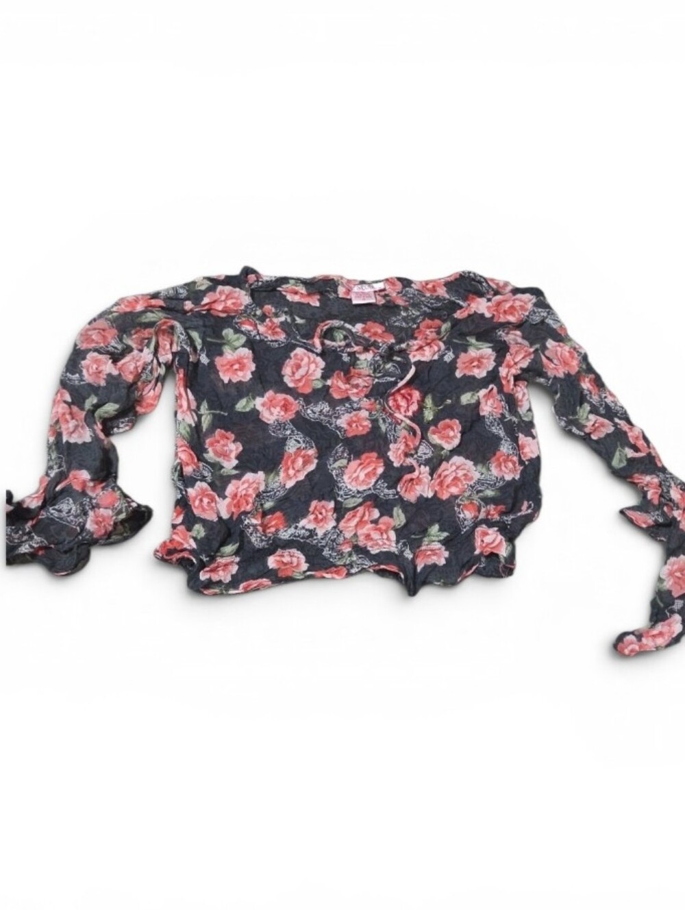 Vtg Jrs Med She's Cool Black Off-Shoulder Crop Top with Pink Rose Print Sheer
